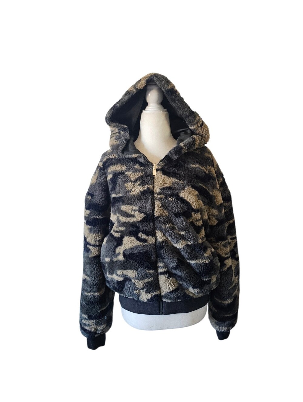 New York & Company Reversible Camo Faux Fur Teddy Bomber Jacket Hooded L